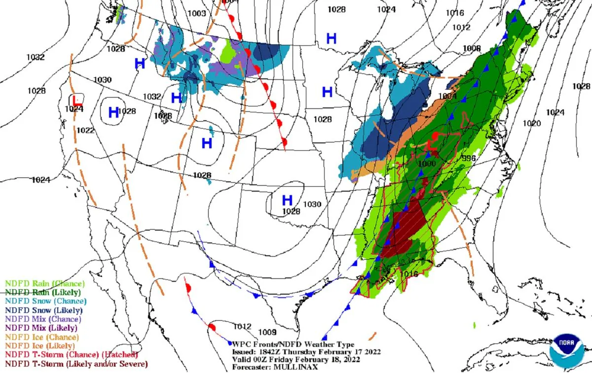 Weather map of a winter storm that is travelling through the eastern half of the U.S., on Feb. 17, 2022. (NOAA/Screenshot via The Epoch Times)