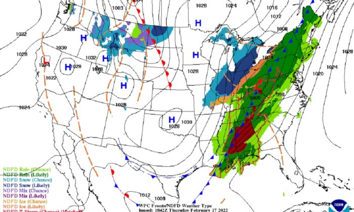 Weather map of a winter storm that is travelling through the eastern half of the U.S., on Feb. 17, 2022. (NOAA/Screenshot via The Epoch Times)