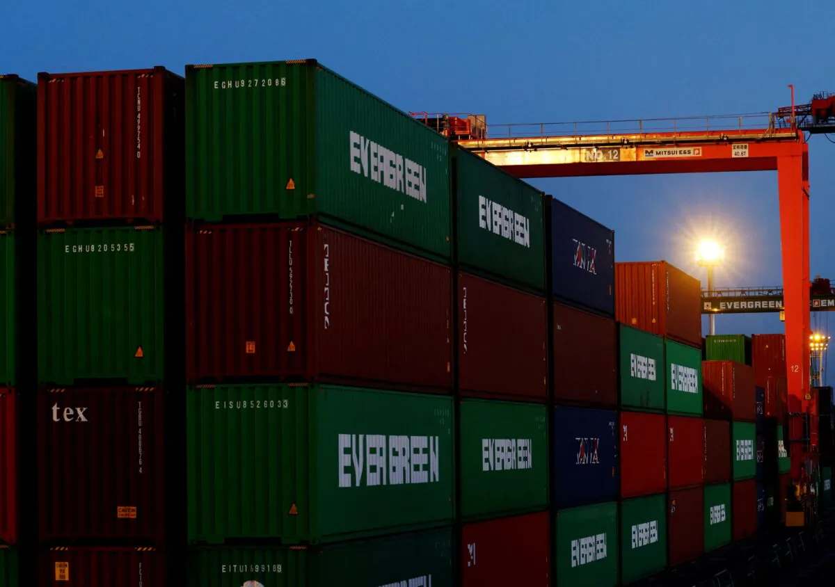 Stacked containers are seen at an industrial port in Tokyo, Japan, on Feb. 17, 2022. (Kim Kyung-Hoon/Reuters)