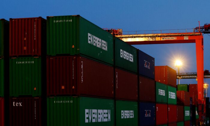 Stacked containers are seen at an industrial port in Tokyo, Japan, on Feb. 17, 2022. (Kim Kyung-Hoon/Reuters)