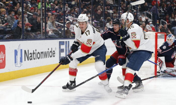 Florida Panthers left wing Mason Marchment (17) grabs a loose puck as Columbus Blue Jackets defenseman Adam Boqvist (27) defends during the first period at Nationwide Arena in Columbus, Ohio, on Jan 31, 2022. (Russell LaBounty/USA TODAY Sports via Field Level Media)