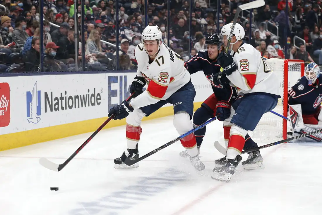 Florida Panthers left wing Mason Marchment (17) grabs a loose puck as Columbus Blue Jackets defenseman Adam Boqvist (27) defends during the first period at Nationwide Arena in Columbus, Ohio, on Jan 31, 2022. (Russell LaBounty/USA TODAY Sports via Field Level Media)