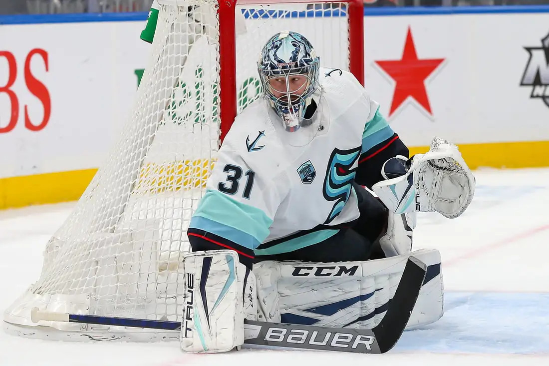 Seattle Kraken goaltender Philipp Grubauer (31) in action during the second period against New York Islanders at UBS Arena in Elmont, N.Y., on Feb 2, 2022. (Tom Horak/USA TODAY Sports via Field Level Media)