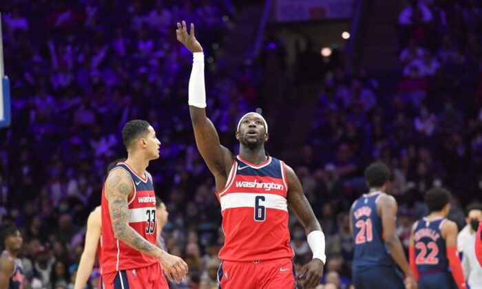 Washington Wizards Montrezl Harrell (6) blows a kiss to the crowd after making a basket against the Philadelphia 76ers late in the fourth quarter at Wells Fargo Center in Philadelphia on Feb. 2, 2022. (Eric Hartline/USA TODAY Sports via Field Level Media)