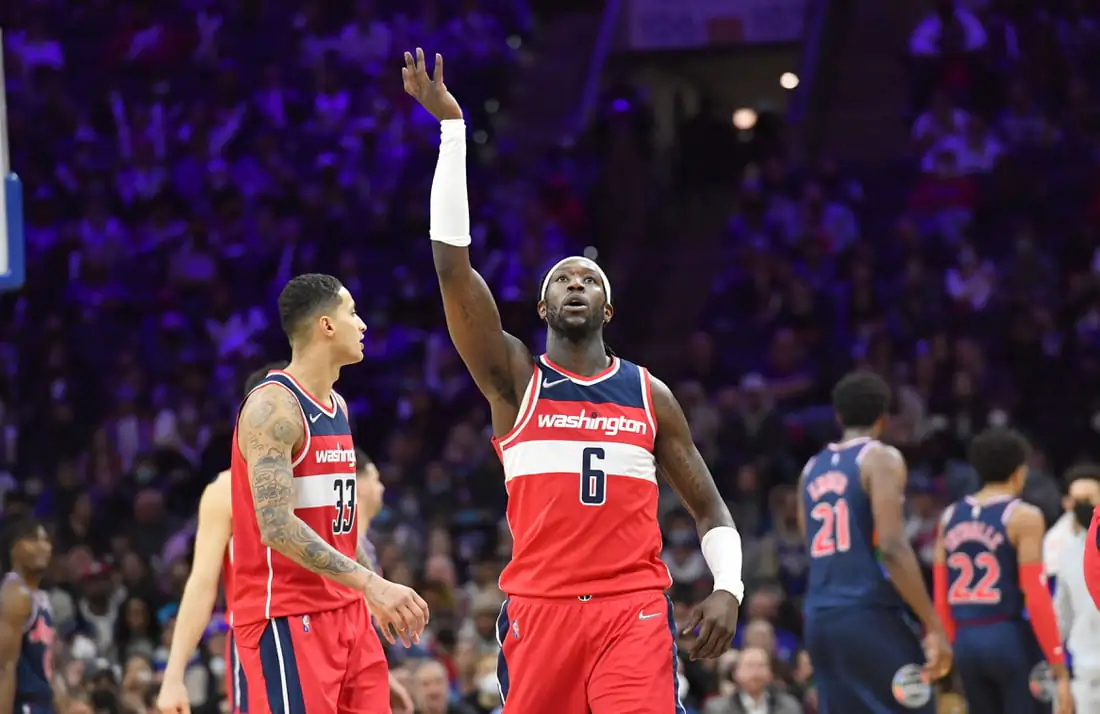 Washington Wizards Montrezl Harrell (6) blows a kiss to the crowd after making a basket against the Philadelphia 76ers late in the fourth quarter at Wells Fargo Center in Philadelphia on Feb. 2, 2022. (Eric Hartline/USA TODAY Sports via Field Level Media)