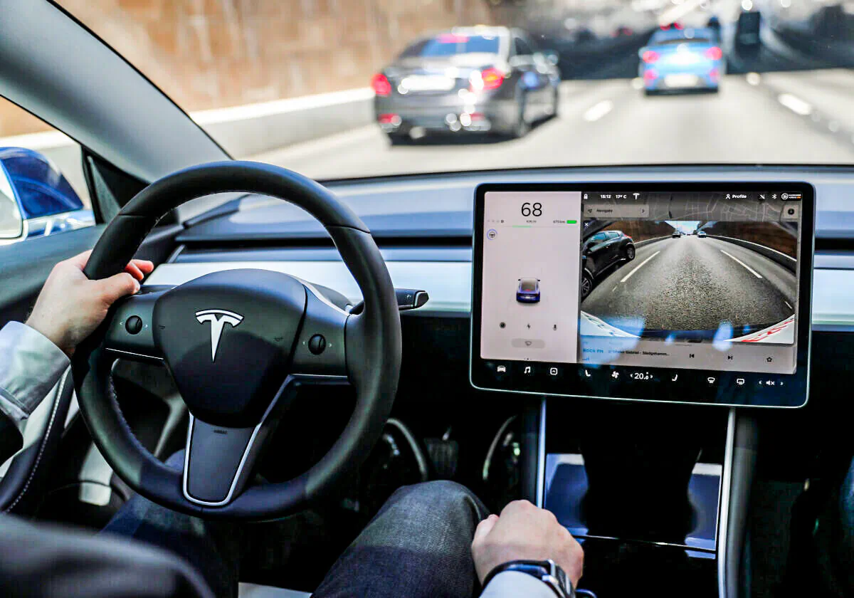 The interior of a Tesla Model 3 electric vehicle is shown in this picture illustration taken in Moscow, Russia, on July 23, 2020. (Evgenia Novozhenina/Reuters)