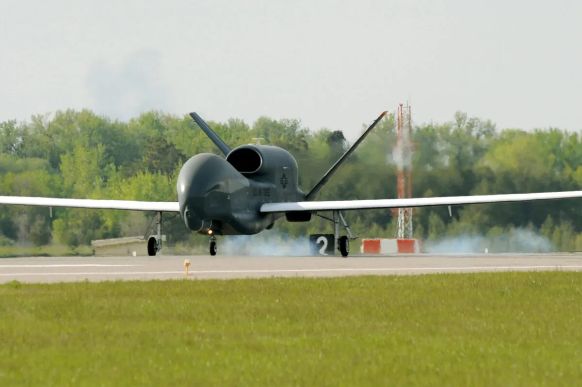 The first RQ-4 Global Hawk arrives at Grand Forks Air Force Base on May 26, 2011. (U.S. Air Force photo by Tech. Sgt. Johnny Saldivar)