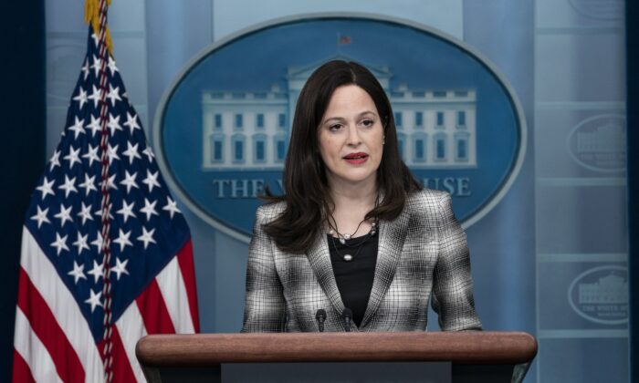 Anne Neuberger, Deputy National Security Advisor for Cyber and Emerging Technology, speaks with reporters in the James Brady Press Briefing Room at the White House, on Feb. 18, 2022. (Alex Brandon/AP Photo)