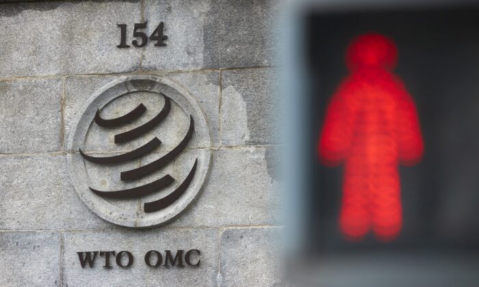 A logo is pictured on the World Trade Organization (WTO) building, in Geneva, Switzerland, on July 15, 2021. (Denis Balibouse/Reuters)