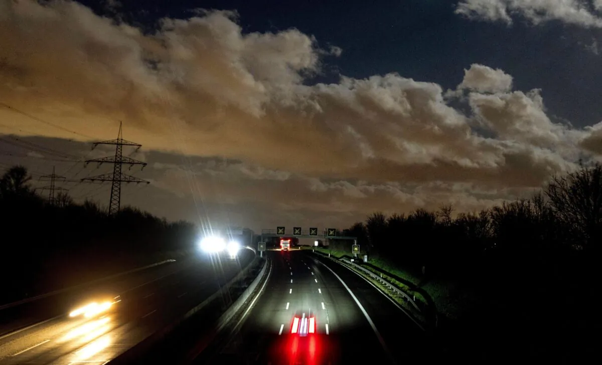 Stormy clouds drift over a highway in Frankfurt, Germany, on Feb. 17, 2022. (Michael Probst/AP Photo)