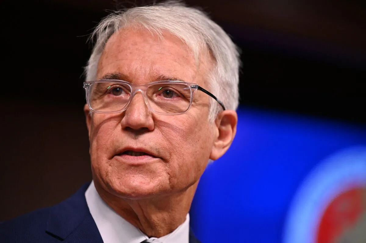 Los Angeles County District Attorney George Gascon speaks at a press conference in Los Angeles on Dec. 8, 2021. (Robyn Beck/AFP via Getty Images)