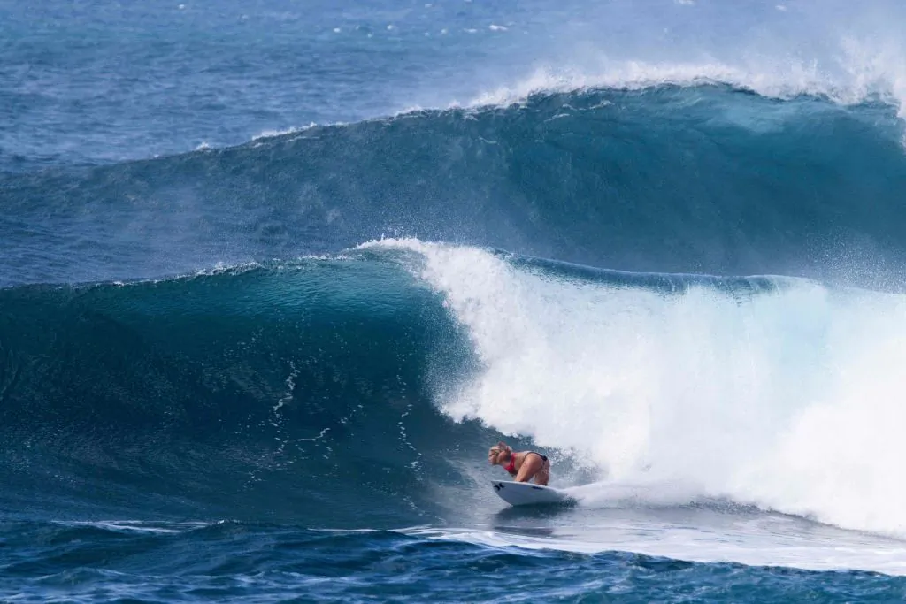 Gabriela Bryan trains on February 9, 2022, at Sunset Beach in Hawaii for the upcoming Hurley Pro Sunset Beach 2022 event. (Photo by BRIAN BIELMANN/AFP via Getty Images)
