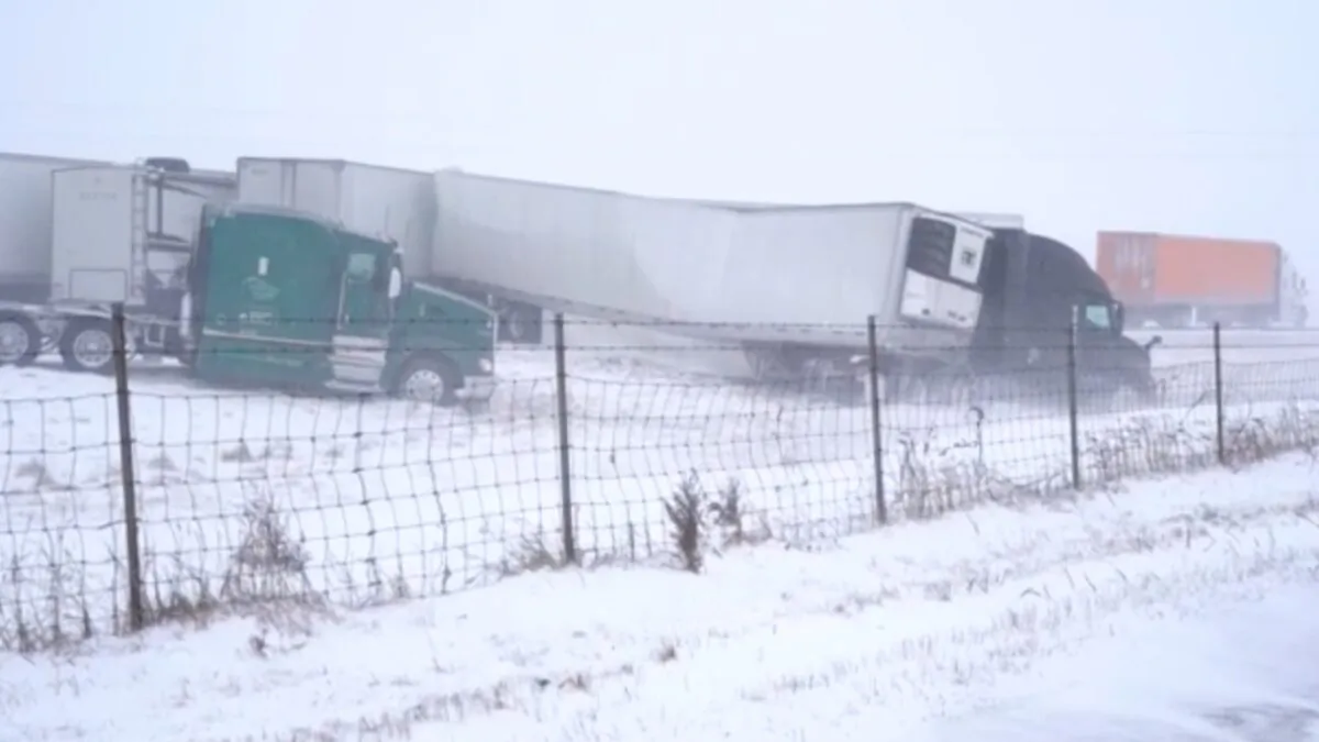 Trucks in a pile-up on an Interstate north of Normal, Illinois, on Feb. 18, 2022. (Courtesy of SCV/Simon Brewer via CNN)