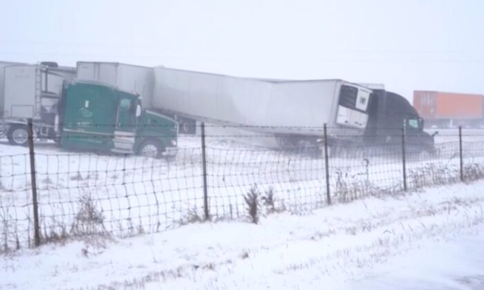 Trucks in a pile-up on an Interstate north of Normal, Illinois, on Feb. 18, 2022. (Courtesy of SCV/Simon Brewer via CNN)