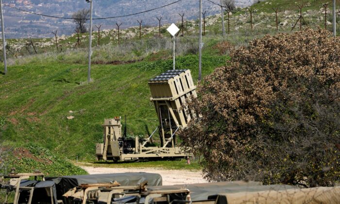 An Iron Dome defense system battery, designed to intercept and destroy incoming short-range rockets and artillery shells, in the Israeli annexed Golan Heights near the border with Lebanon, on Feb. 18, 2022. (Jalaa Marey/AFP via Getty Images)