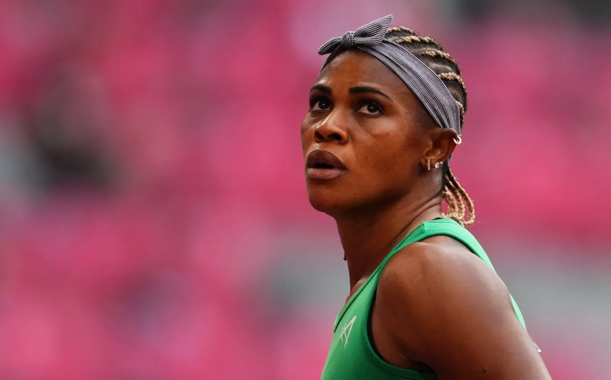 Blessing Okagbare of Nigeria competes in the women's 100 meter heats during the Tokyo 2020 Olympic Games in Tokyo on July 30, 2021. (Aleksandra Szmigiel/Reuters)