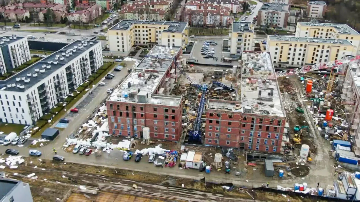 Damage after strong winds in Krakow, Poland on Feb. 17, 2022, in a still from a video. (Courtesy of TVN/AP/ Screenshot via The Epoch Times)