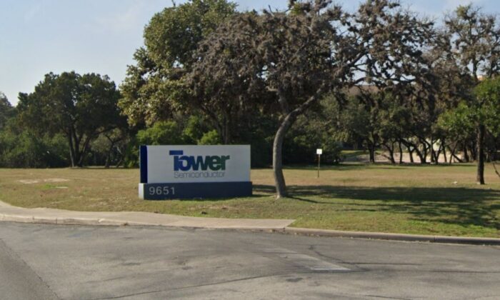 A logo of the Israeli manufacturer of semiconductors and integrated circuits Tower Semiconductor at its headquarter in San Antonio, Texas, in December 2021. (Google Maps/Screenshot via The Epoch Times)
