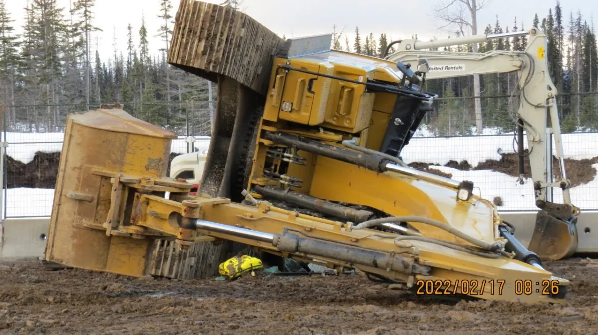 Damaged heavy machinery is shown after about 20 assailants attacked workers and equipment at Costal GasLink's drill pad site near Houston, B.C., on Feb. 17, 2022. (Costal GasLink)