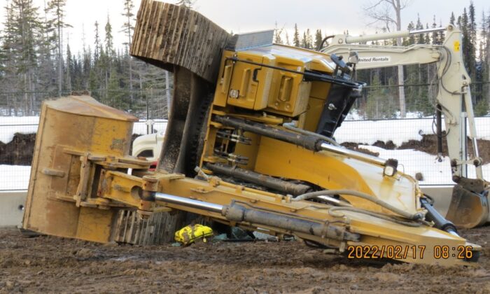 Damaged heavy machinery is shown after about 20 assailants attacked workers and equipment at Costal GasLink's drill pad site near Houston, B.C., on Feb. 17, 2022. (Costal GasLink)