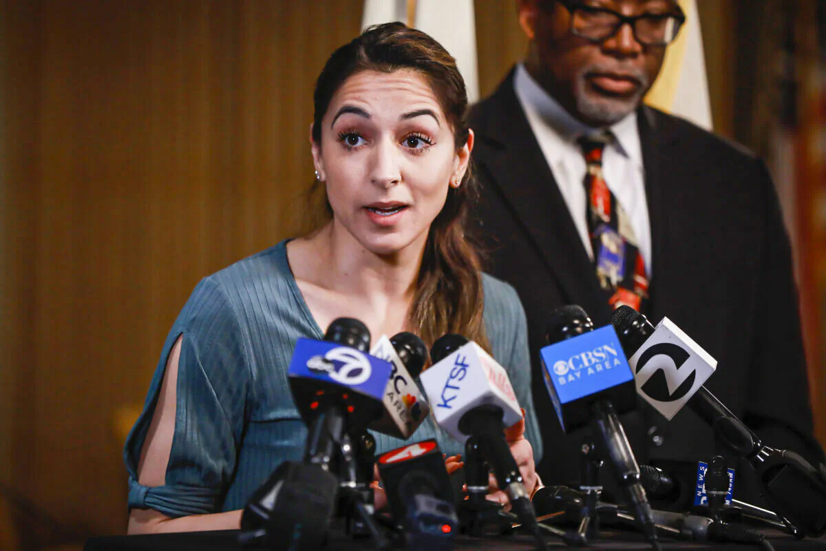 Gabriela Lopez speaks during a news conference in San Francisco, Calif., on March 12, 2020. (Gabrielle Lurie/San Francisco Chronicle via AP)