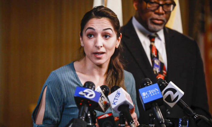 Gabriela Lopez speaks during a news conference in San Francisco, Calif., on March 12, 2020. (Gabrielle Lurie/San Francisco Chronicle via AP)