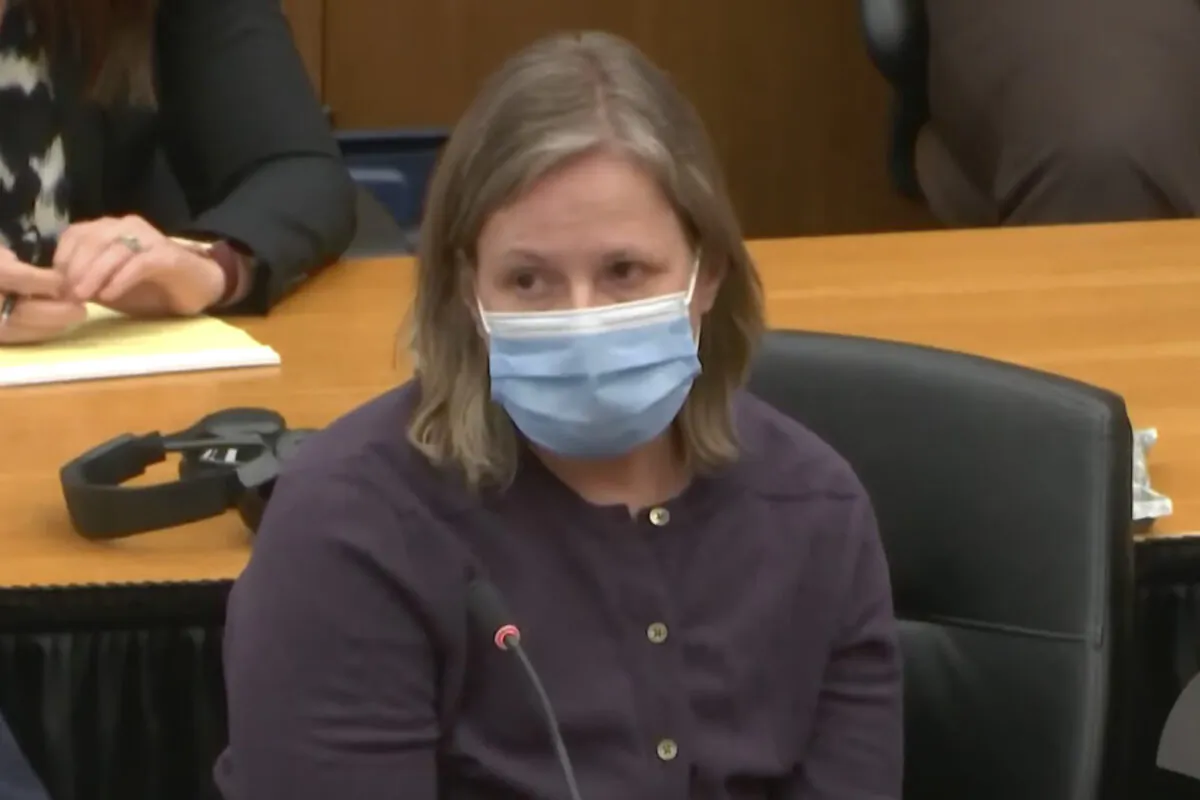 In this screen grab from video, former Brooklyn Center Police Officer Kim Potter listens during a sentencing hearing at the Hennepin County Courthouse in Minneapolis, Minn., on Feb. 18, 2022. (Court TV via AP)