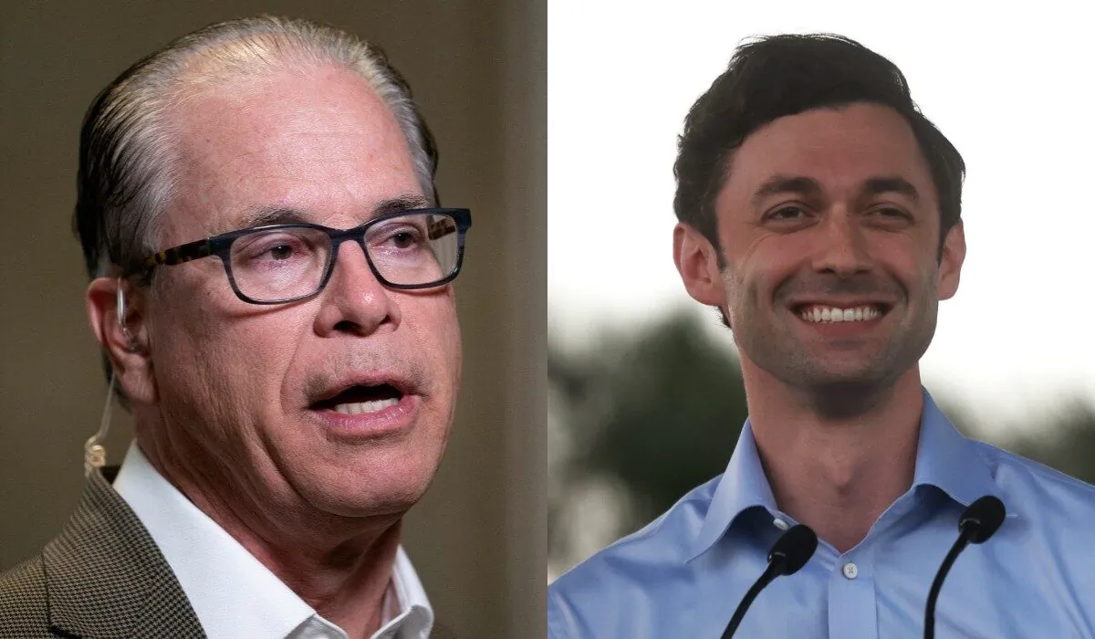 Sen. Mike Braun (R-Ind.), left, and Democratic U.S. Senate nominee Jon Ossoff speak in file photographs. (Getty Images)