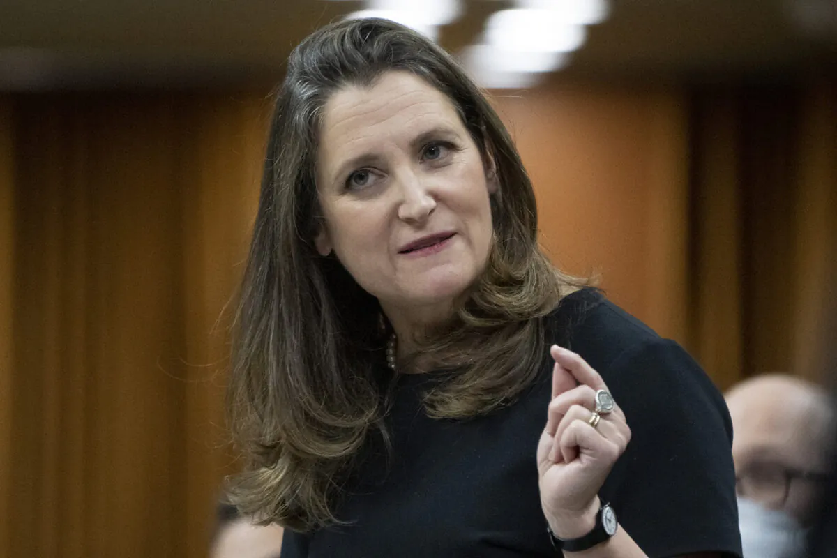 Deputy Prime Minister and Finance Minister Chrystia Freeland rises during question period in Ottawa on Feb. 17, 2022. (Adrian Wyld/The Canadian Press)