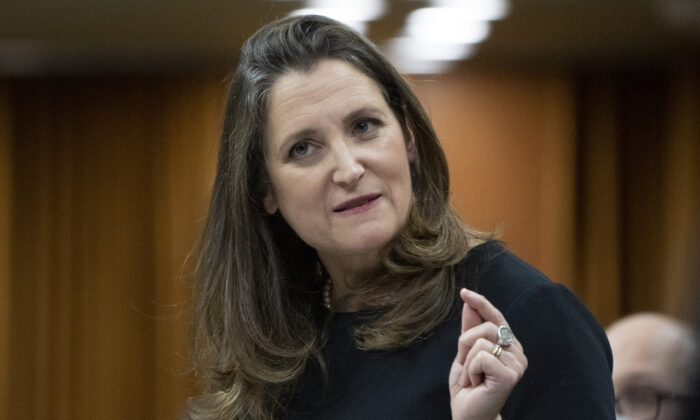 Deputy Prime Minister and Finance Minister Chrystia Freeland rises during Question Period, in Ottawa, on Feb. 17, 2022. (Adrian Wyld/The Canadian Press)