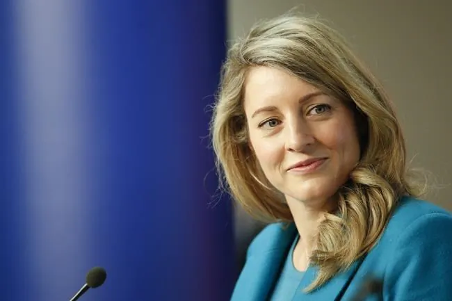 Canada's Foreign Minister Melanie Joly speaks during a media conference in Brussels, Jan. 20, 2022. (The Canadian Press/AP/Johanna Geron, Pool)