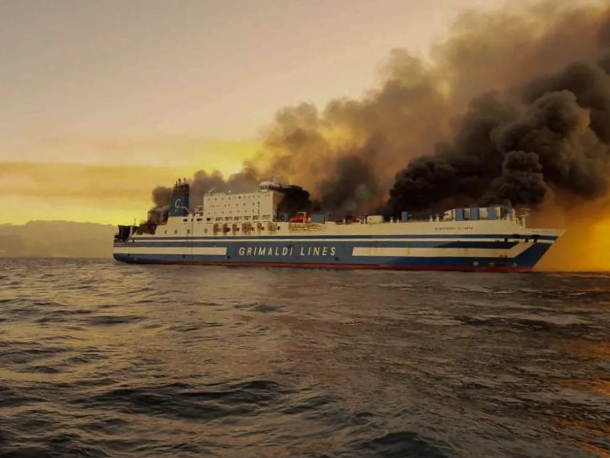 A ferry is on fire at the Ionian Sea near the island of Corfu, Greece, on Feb. 18, 2022. (Lazos Mantikos/debater.gr via AP)