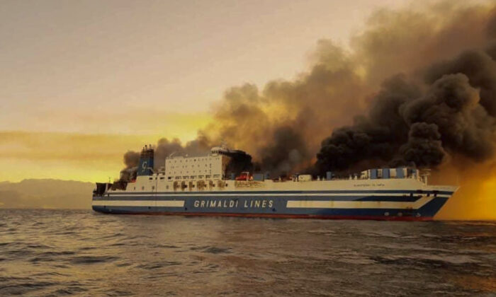 On February 18, 2022, a ferry fired in the Ionian Sea near Corfu Island, Greece.  (Lazos Mantikos / debater.gr via AP)