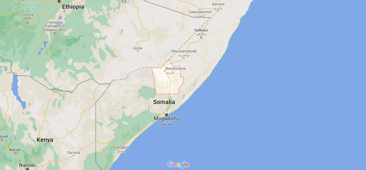 A map shows the location of Beledweyne, the capital of Somalia’s Hiran region, on Feb. 19, 2022. (Google Maps)