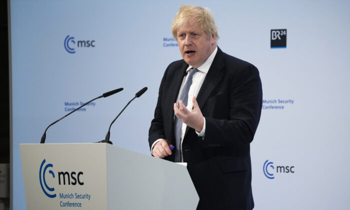 British Prime Minister Boris Johnson speaks during the Munich Security Conference in Munich, Germany, on Feb. 19, 2022. (Matt Dunham/Pool/Getty Images)