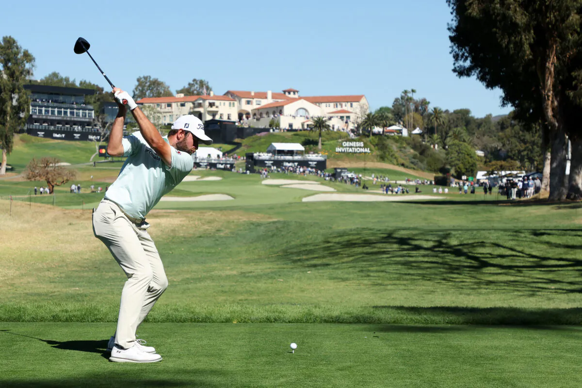 Cameron Young of the United States plays his shot from the ninth tee during the second round of The Genesis Invitational at Riviera Country Club, in Pacific Palisades, Calif., on Feb. 18, 2022. (Rob Carr/Getty Images)