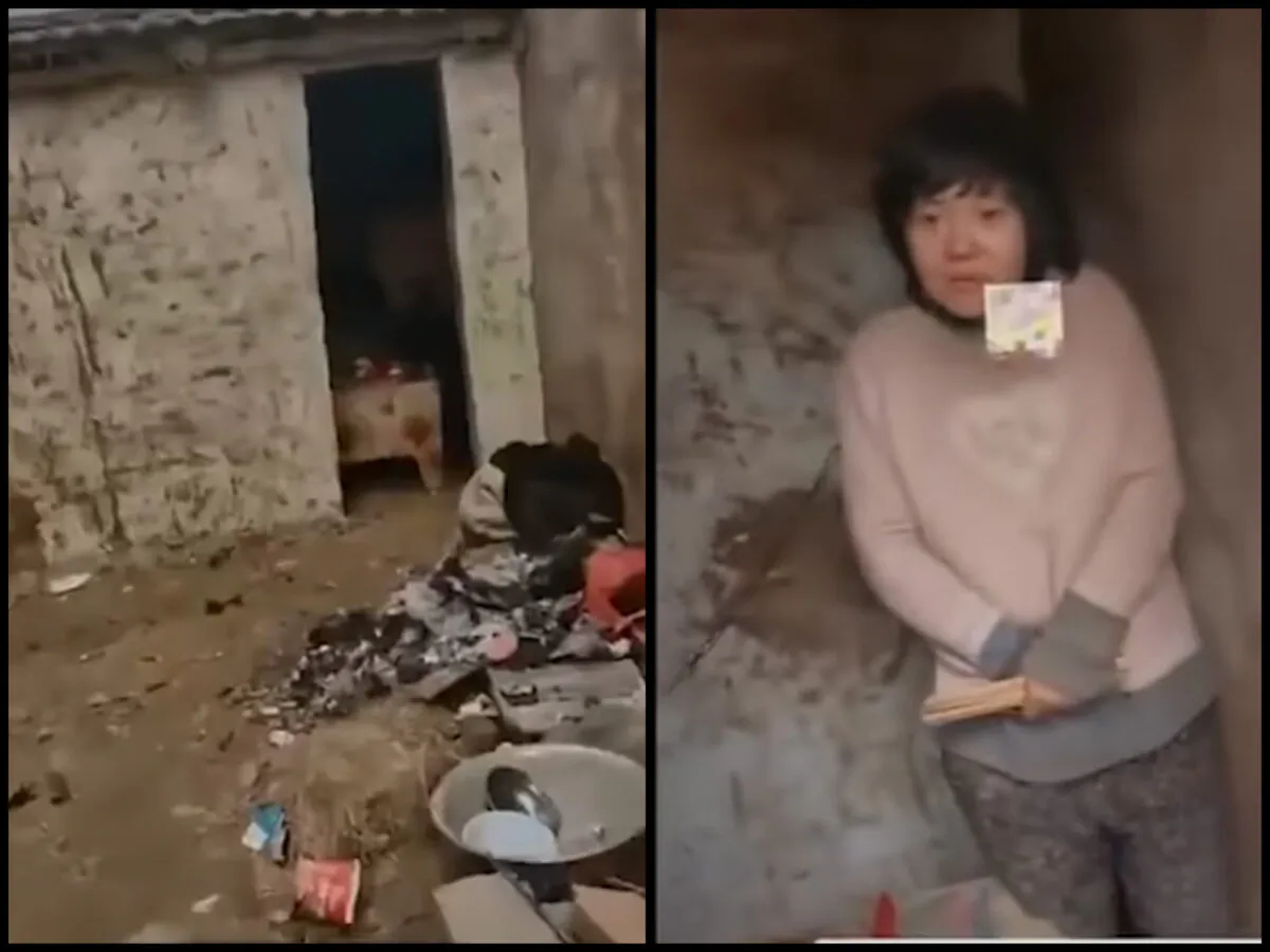 Video screenshots of a mother of eight shackled in a village hut in Xuzhou city, Jiangsu, China, in January 2022.  (Screenshots via Douyin)