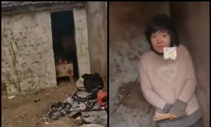 Image of a mother of eight (R) shackled in a village hut (L) in Xuzhou city, Jiangsu, China, in January 2022.  (Screenshots via Douyin)