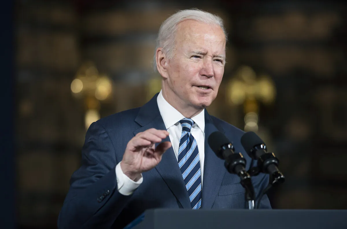 President Joe Biden speaks about the Bipartisan Infrastructure Law, at the Shipyards in Lorain, Ohio, Feb. 17, 2022. (AP Photo/Ken Blaze)