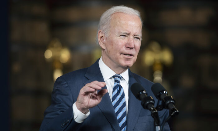 President Joe Biden speaks about the Bipartisan Infrastructure Law, at the Shipyards in Lorain, Ohio, on Feb. 17, 2022. (Ken Blaze/AP Photo)