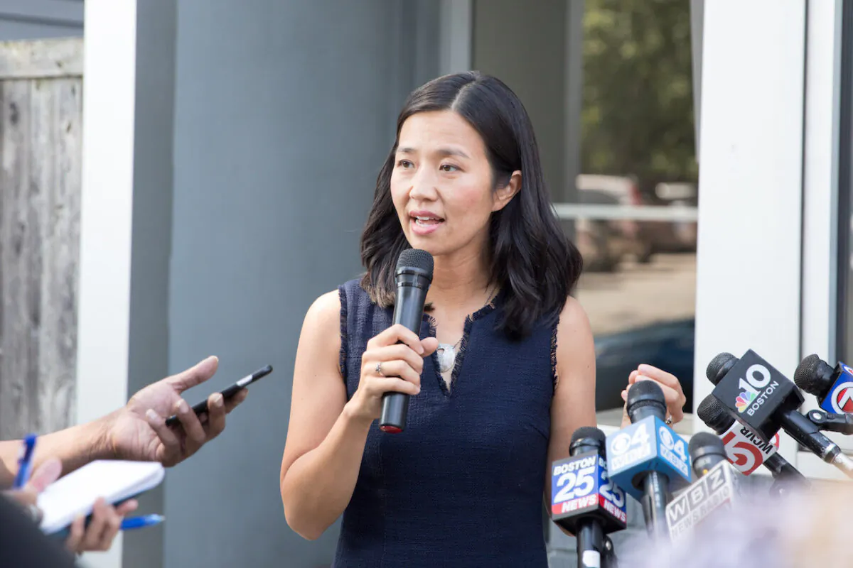 Michelle Wu answers questions during a press conference in Boston, Mass., on Sept. 13, 2021. (Scott Eisen/Getty Images)