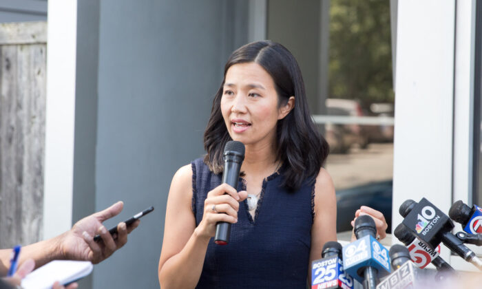 Michelle Wu answers questions during a press conference in Boston, Mass., on Sept. 13, 2021. (Scott Eisen/Getty Images)