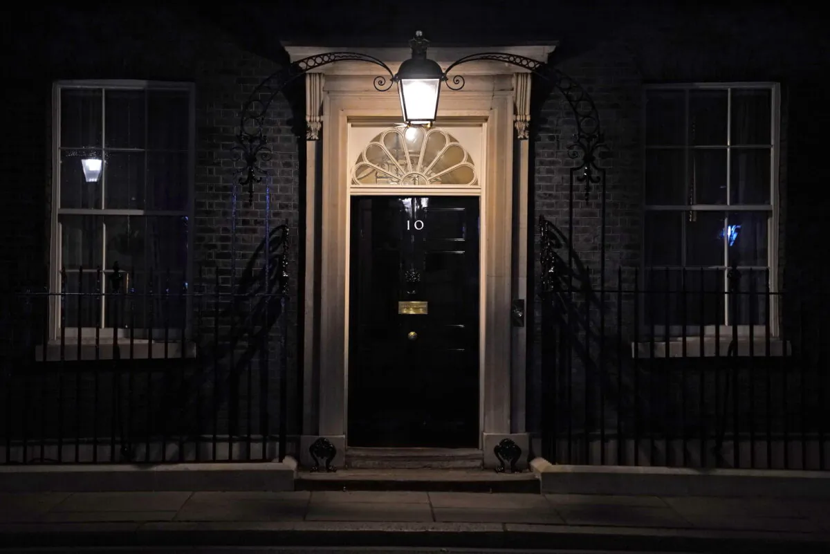 A light over the 10 Downing Street door in London on Feb. 3, 2022. (Kirsty O’Connor/PA)