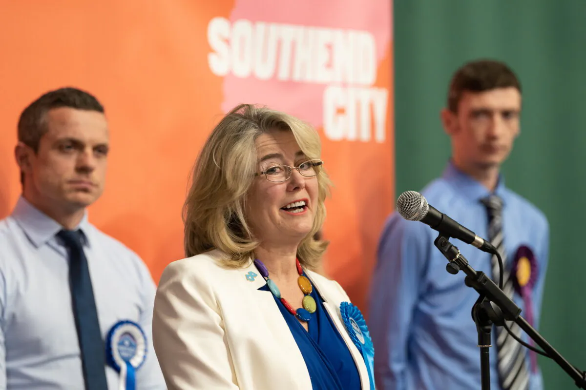 Newly elected MP Anna Firth makes a speech after being declared the winner in the Southend West by-election, at Southend Leisure & Tennis Centre, Southend, England, on Feb. 3, 2022. (Joe Giddens/PA)