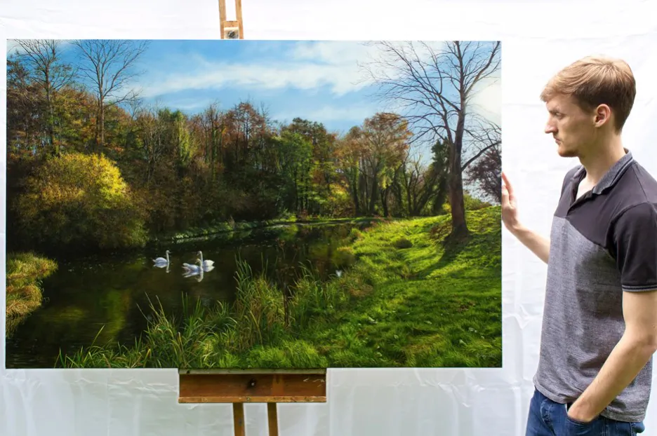 UK artist Ash Davies and his "Cotswold Swans." 60 inches by 40 inches. (Courtesy of Andrew Davies)