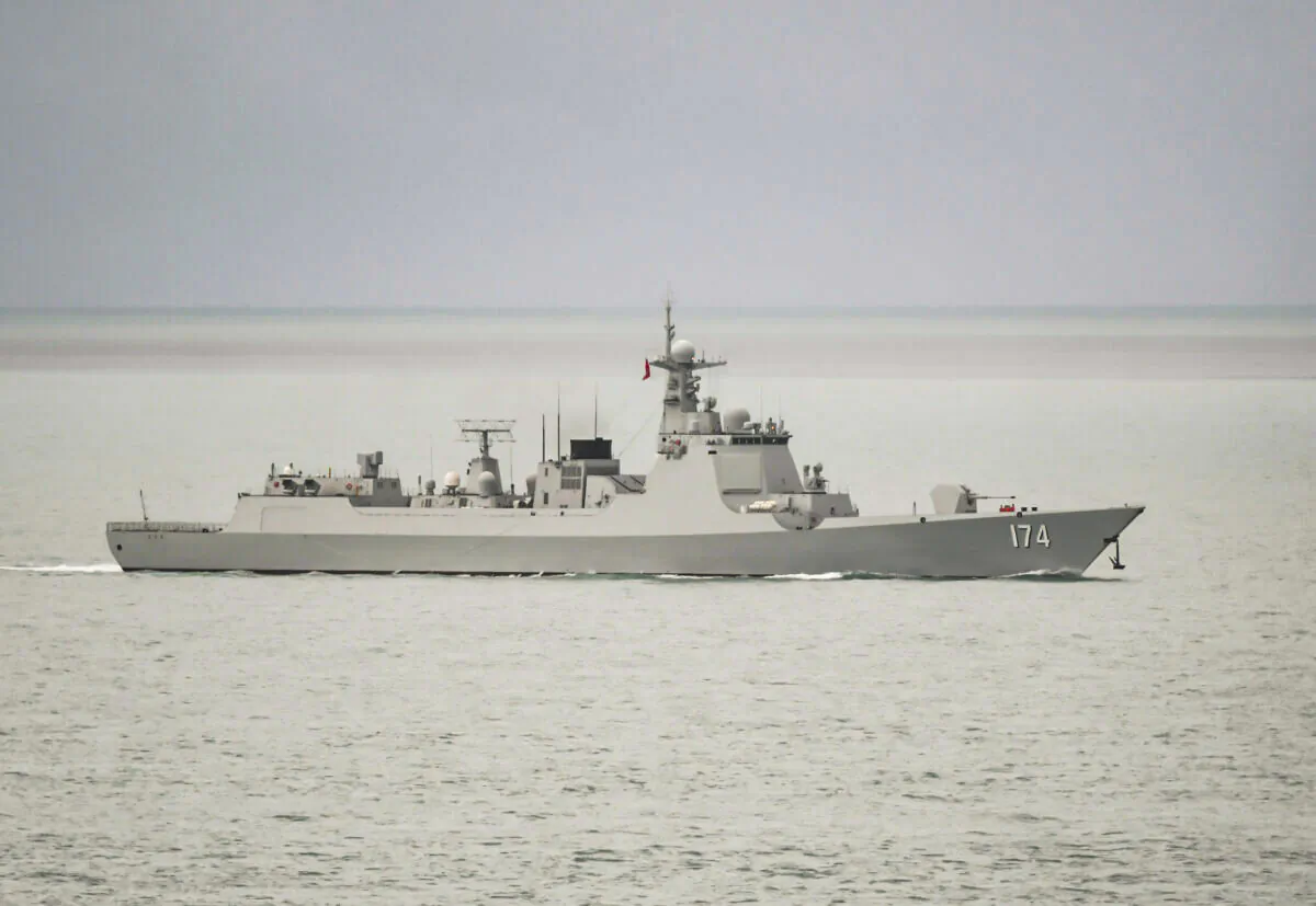 A People's Liberation Army-Navy (PLA-N) Luyang-class guided missile destroyer leaves the Torres Strait and enters the Coral Sea on Feb. 18, 2022. (Australian Defence Department)