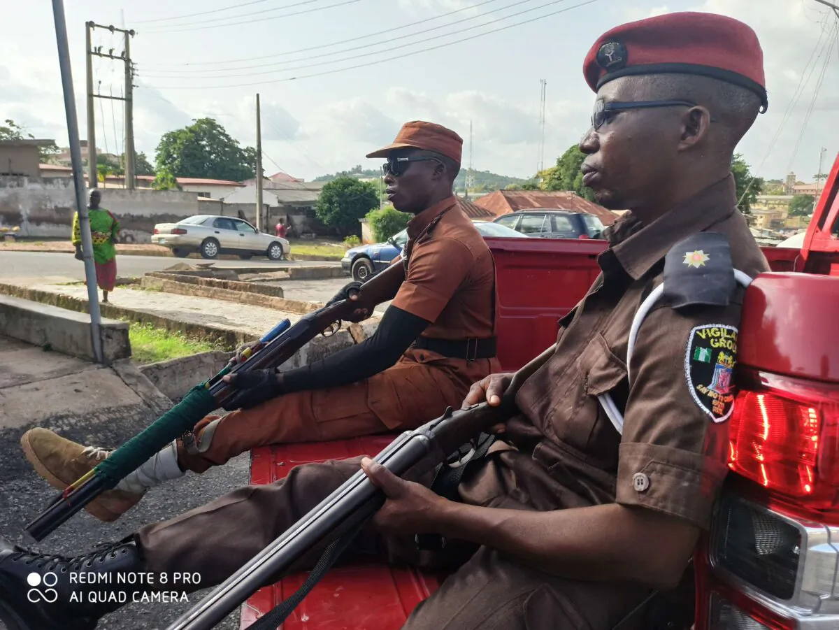 Amotekun guards on an operation in Ekiti state, one of the Southwestern Nigerian states, in February 2020 bearing locally made “craft guns.” (Courtesy Ekiti State Security Network Agency)