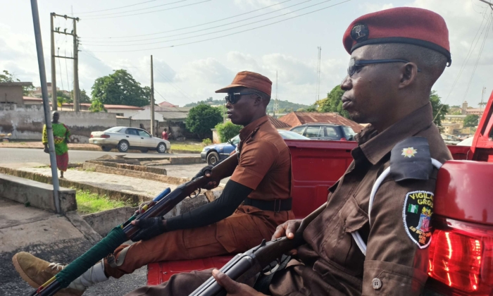 Amotekun guards on an operation in Ekiti state, one of the Southwestern Nigerian states, in February 2020 bearing locally made “craft guns.” (Courtesy Ekiti State Security Network Agency)