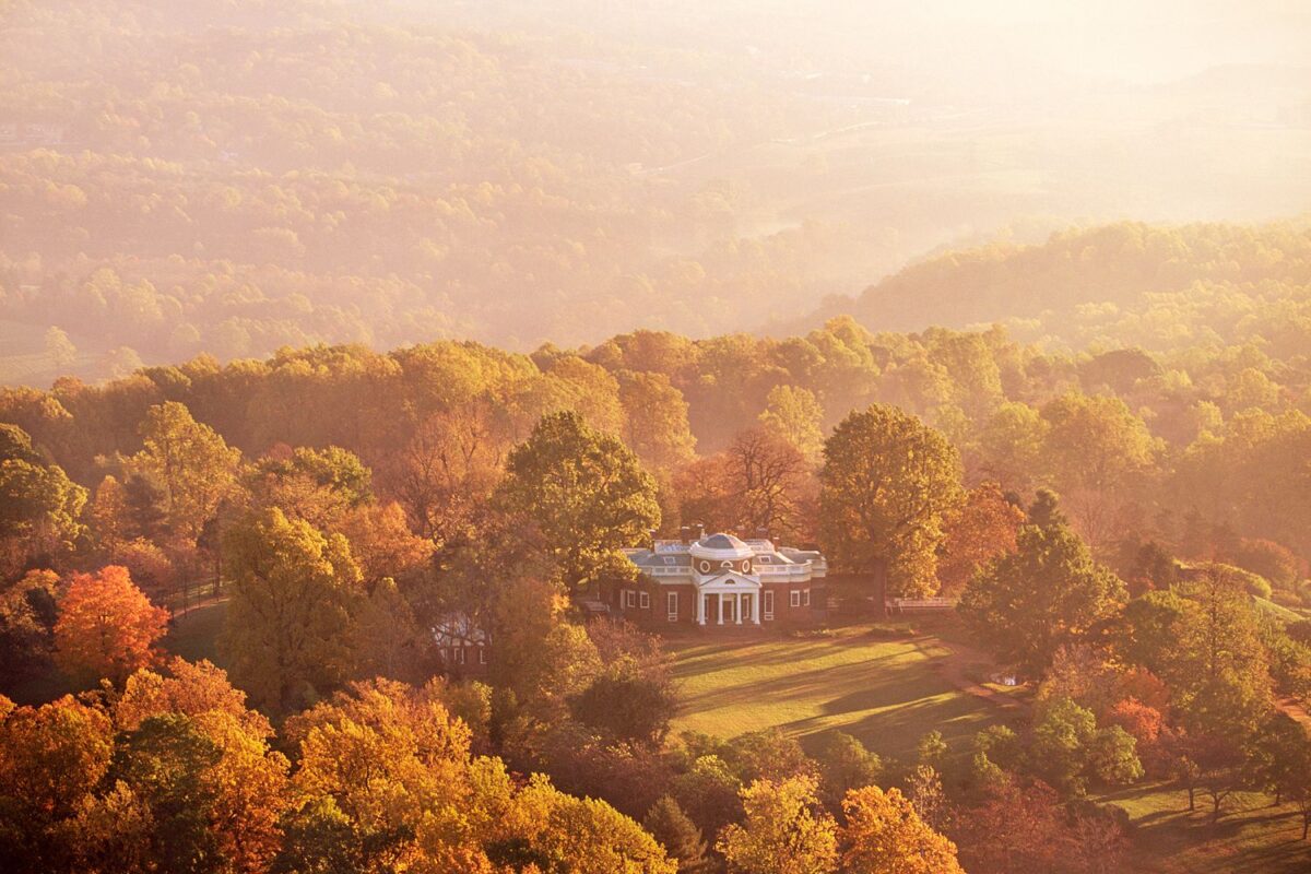 Aerial view of Monticello from the west lawn, also known as the "nickel view." (Courtesy of Robert Llewellyn)