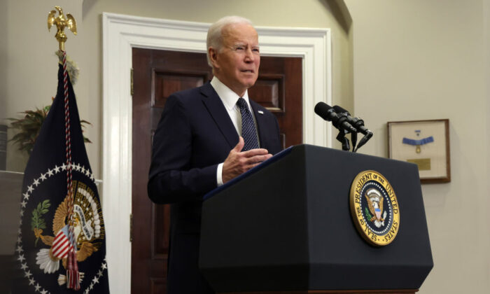 President Joe Biden speaks to update the situation of the Ukraine-Russia border crisis during an event in the Roosevelt Room of the White House in Washington on Feb. 18, 2022. (Alex Wong/Getty Images)